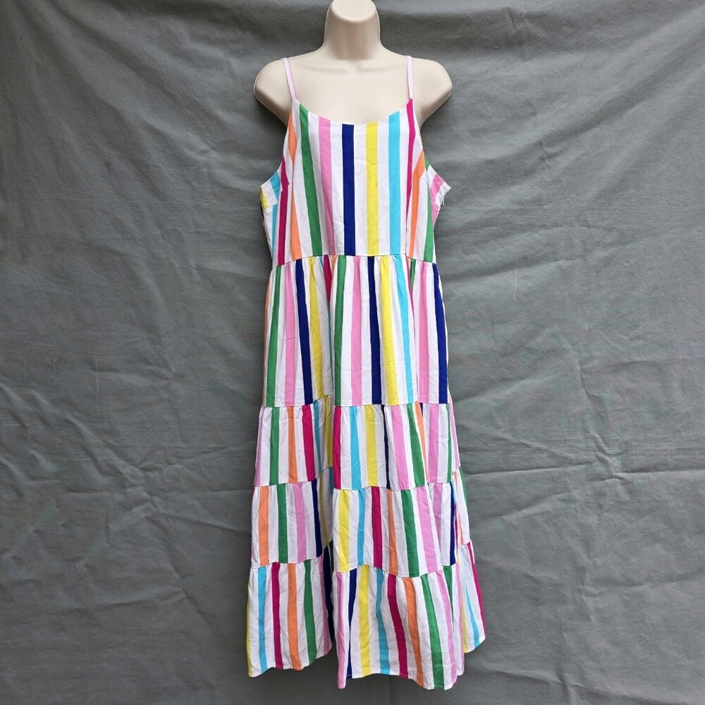 Crown & Ivy Striped White Colorful Sun Dress Size 12 Tiered Midi Rainbow